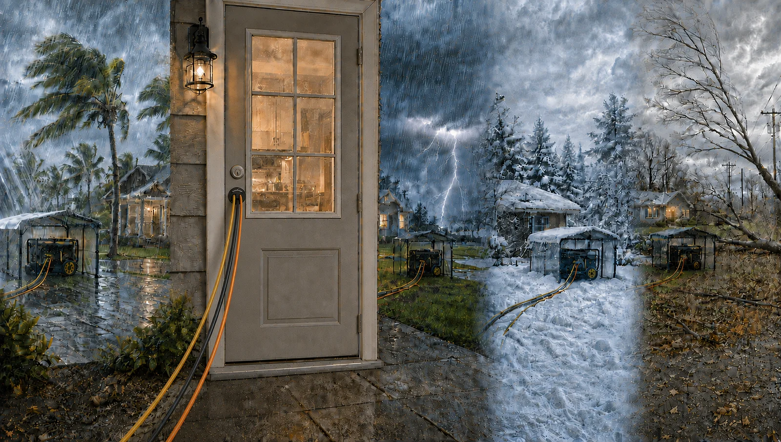 StormPlug cord passage shown during hurricane rain, severe thunderstorms, winter snow, and damaging winds